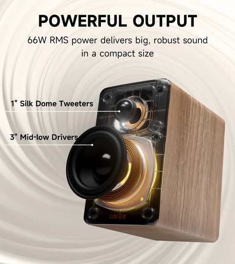 M60 Desktop Bluetooth Speaker With 66W RMS Output showing 1-inch silk dome tweeters and 3-inch mid-low drivers, oak finish