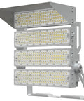 Built Like A Tank Outdoor LED Flood Light 250W To 1250W with aluminum housing and three-panel light design for stadiums.