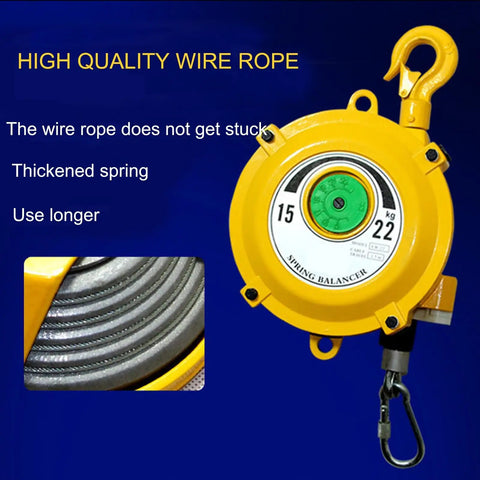 Adjustable Retractable Spring Balancer For Tool Holding In Industrial Settings 1.5m Aluminum Alloy Wire Supports 1 to 3kg Weight Range Easy Height Lock Reduces Fatigue And Boosts Safety With Heavy Duty Overhead Tool Holder, yellow housing and hook