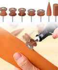 Seven Piece Pro Grade Leather Burnishing Tools Set With Red Sandalwood Edge Polishing Bits For Rotary Tools in use