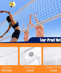 Heavy Duty Volleyball Net For Backyard And Pool Play, 32x3 Feet With 4 Inch Mesh, in use with players spiking ball, tear-proof feature visible.