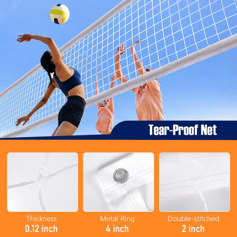 Heavy Duty Volleyball Net For Backyard And Pool Play, 32x3 Feet With 4 Inch Mesh, in use with players spiking ball, tear-proof feature visible.