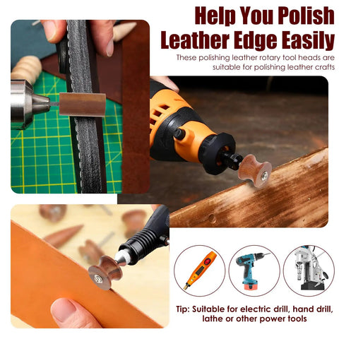 Seven Piece Pro Grade Leather Burnishing Tools Set With Red Sandalwood Edge Polishing Bits shown polishing leather edges