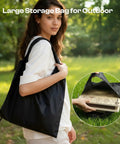 Woman holding a large black storage bag outdoors with inset showing a Large 11.8x8.3 Inch Flower Press Kit With 10 Layers For DIY Pressed Flowers Bookmarks And Frames.