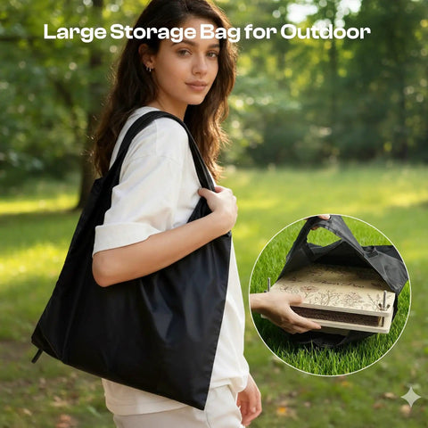 Woman holding a large black storage bag outdoors with inset showing a Large 11.8x8.3 Inch Flower Press Kit With 10 Layers For DIY Pressed Flowers Bookmarks And Frames.
