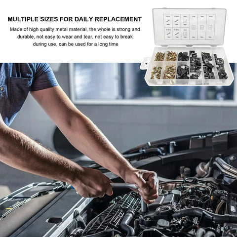 Mechanic using 170 Piece Car U Clip And Screw Set on car engine, kit box open with zinc plated fasteners visible.