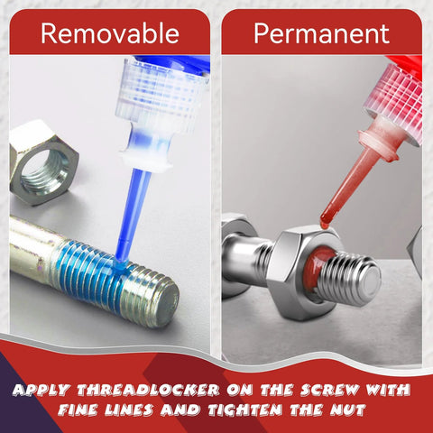 Threadlocker set: blue removable on bolt (left panel) and red permanent on bolt and nut (right panel).