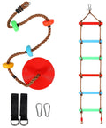 Rope Ladder And Disc Swing Set For Kids with colorful discs and ladder, includes straps and snap hooks, ideal for outdoor fun.