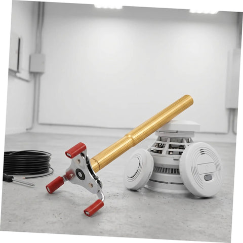 Heavy Duty Ceiling Detector Removal Tool With Badass Rubberized Claw And Extendable Aluminum Shaft next to a fire sensor.