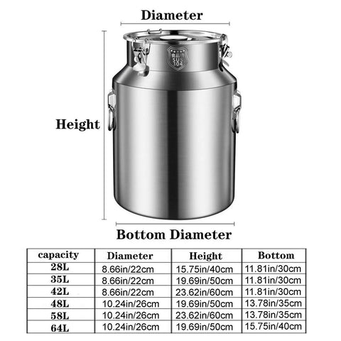 Top Shelf Built Tough 304 Stainless Steel Storage Container With Wide Mouth Pouring Spout For Milk Bulk Coffee Beans Dry Grains Rice Flour Sugar Commercial Kitchen Gear 64 Liter Capacity dimensions chart.