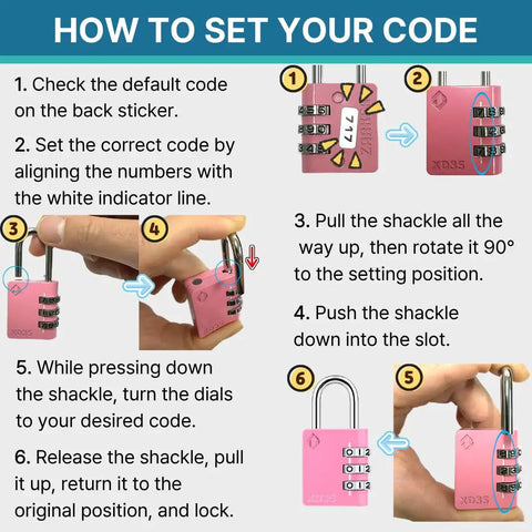 Instructions for setting 3 Digit Padlock For School Locker Gym Sports Fence Toolbox Case Outdoor Pink with diagrams