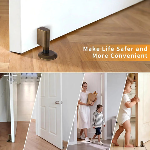 Premium Retractable Magnetic Door Stopper With Adjustable 0.4 Inch Base installed on floor, Antique Brass finish, preventing door slamming.