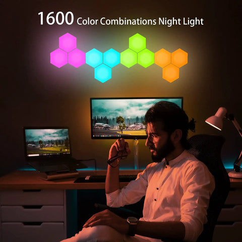 Hexagon LED Wall Light Kit 6 Pack With Modular Touch And Remote Control above desk in colorful pattern
