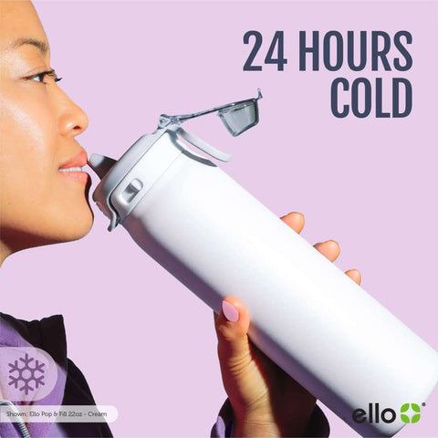Person drinking from Pop And Fill 22oz Stainless Steel Water Bottle With Quick Fill Lid Dual Sip Or Chug Double Walled Vacuum Insulated