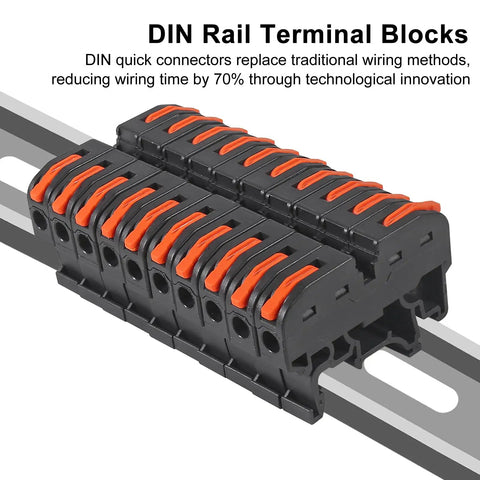 20 Pcs DIN Rail Terminal Blocks for Electrical Control Panels, compact wire connectors on rail with black flame retardant PC material.