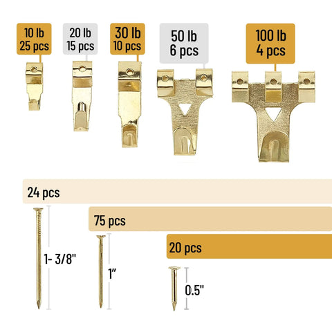 Picture Hanging Kit 220 Pieces Gold Hardware Set hooks and nails with weight ratings