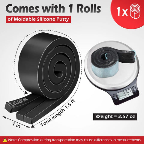 Black Moldable Silicone Putty Pre Cut Strips Non Hardening Gap Sealant For Ductwork And Windows 1.5 ft roll displayed on scale.