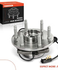 Front Wheel Bearing and Hub Assembly for Chevy Silverado 1500, GMC Sierra 1500, Suburban, Yukon, Escalade, XTS 2015 to 2020 4WD with ABS and 6 Lug Replacement Part Built Tough shown in packaging.