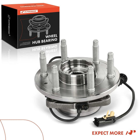 Front Wheel Bearing and Hub Assembly for Chevy Silverado 1500, GMC Sierra 1500, Suburban, Yukon, Escalade, XTS 2015 to 2020 4WD with ABS and 6 Lug Replacement Part Built Tough shown in packaging.