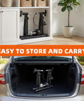 Foldable Magnetic Indoor Bike Trainer With Wheel Riser Block, Six-Level Resistance stored in car trunk and cabinet.