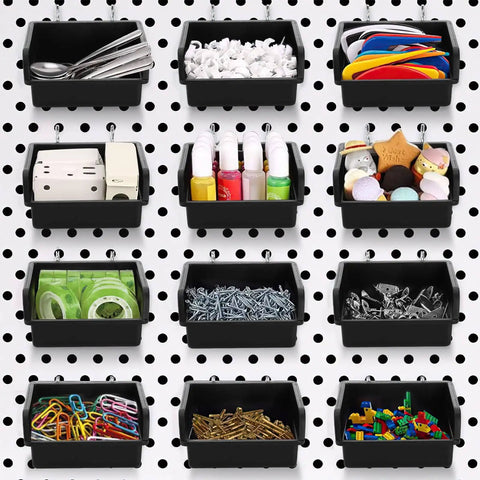 16 Pack Pegboard Bins With Metal Hooks Black Tool Organizer Cups For Garage And Workshop holding various items on pegboard.