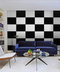 12 Pack Soundproof Acoustic Wall Panels With Strong Adhesive Backing Textured Polyester Fiber Noise Reduction Tiles For Home Studio Bedroom Setup Snag Peaceful Vibes Right Now on a modern black and white checkered wall.