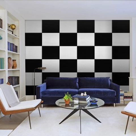 12 Pack Soundproof Acoustic Wall Panels With Strong Adhesive Backing Textured Polyester Fiber Noise Reduction Tiles For Home Studio Bedroom Setup Snag Peaceful Vibes Right Now on a modern black and white checkered wall.