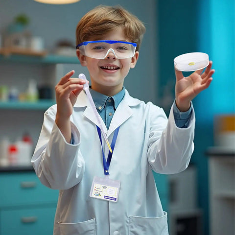 Child in Totally Fun Kids Science Costume Lab Coat Kit With Goggles ID Card Petri Dishes Dropper And Tweezers smiling in lab