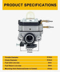 Product specifications of Carburetor Kit For Ryobi 25Cc Two Cycle Engines RY252CS RY253SS with component dimensions.