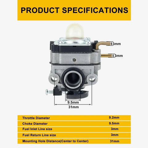 Product specifications of Carburetor Kit For Ryobi 25Cc Two Cycle Engines RY252CS RY253SS with component dimensions.