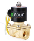 3/4-inch brass electric solenoid valve with black coil and yellow wires, front view.