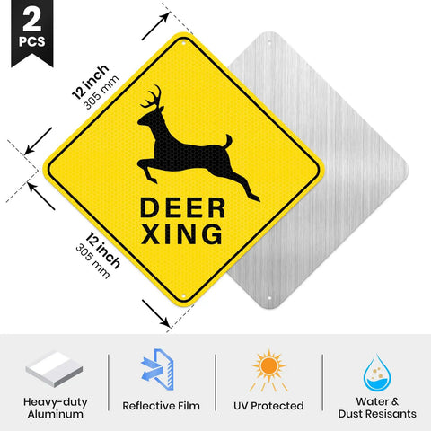 Deer Xing Crossing Sign 12x12, 2 Pack, Engineer Grade Reflective Aluminum, Built Tough Weather Resistant High Visibility Safety Sign for Driveways, Rural Roads, and Deer Rich Areas; 12-inch sign shown with brushed back