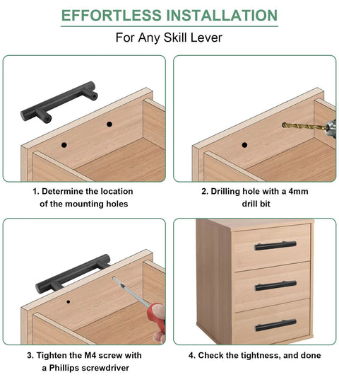 Installation guide for Six Pack Matte Black Drawer Pulls Set With Two And One Half Inch Hole Centers 64mm And Overall Length Three Point Nine Five Inches 100mm Stainless Steel Cabinet Handles For Kitchen Cabinets And Drawers Includes Twelve Mounting Screws
