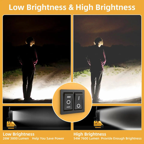 Comparison of 54W LED Work Light Cordless Flood Light with 7600 Lumens and 3800 Lumens brightness settings outdoors.