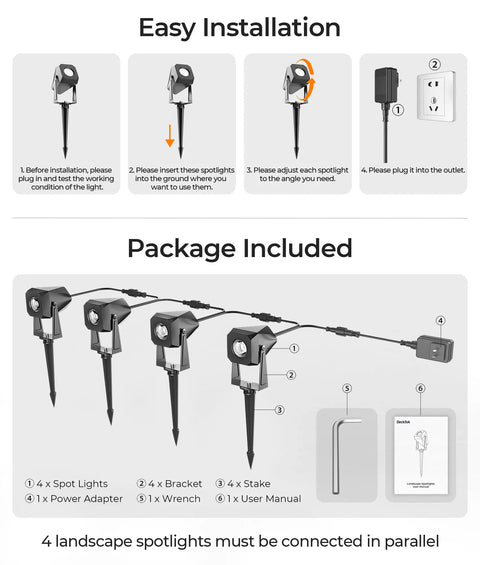 Outdoor Landscape Lighting 4 Pack Low Voltage LED Spotlight Kit 12V 2700K Warm White IP65 Waterproof installation guide image.