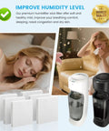 Six Pack Humidifier Wicking Filter T for Honeywell HFT600T with sleeping woman and two humidifiers shown.