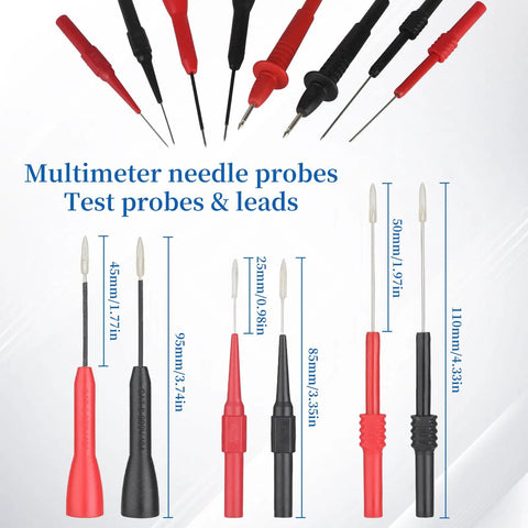 27 Piece Multimeter Test Leads Probes Kit With Big And Small Alligator Clips, Banana Plug Leads, Hook Probes, Tweezers And Wires For Easy Volt Meter Testing Must Have Kit with various needle probes and measurement sizes.