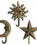 Three Pack Vintage Cast Iron Wall Hooks In Dark Gold Antique Finish Featuring Sun Moon Star Celestial Shapes With Included Screws