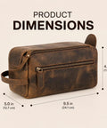 Premium Travel Wash Bag For Men And Women Rock Solid Buffalo Leather Shaving Kit Pouch with dimensions shown.