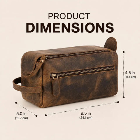 Premium Travel Wash Bag For Men And Women Rock Solid Buffalo Leather Shaving Kit Pouch with dimensions shown.