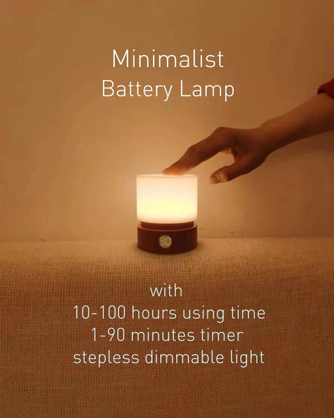 Hand operating dimmable LED night light with timer for nursery, woodgrain bedside lamp, warm 3000K glow, rechargeable, battery operated.