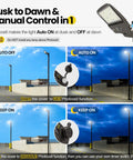 Switchable 200W 220W 240W LED Parking Lot Light No-Brainer Brightness 5000K 38400 Lumens Dusk-to-Dawn Photocell demonstration