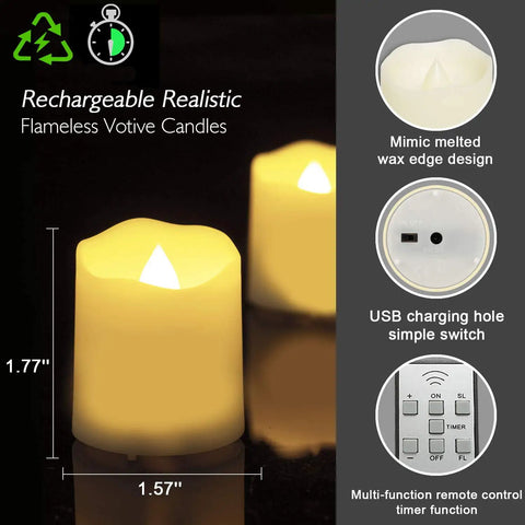 Rechargeable Flameless Votive Candles With USB Charge 6 Pack Tea Lights showing LED light and USB charging details