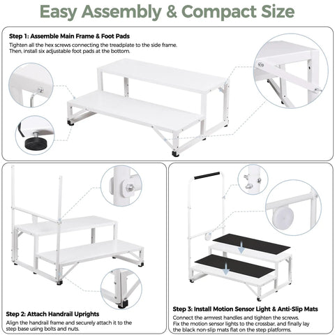 Senior Friendly Bed Step Stool For Adults And Elderly No Fuss Non Slip Stable Height Helper assembly guide showing steps 1 to 3