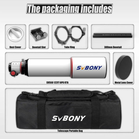 Beast 122mm Apo Triplet Refractor Telescope packaging includes, with travel bag, tube rings, and accessories for deep space observing.