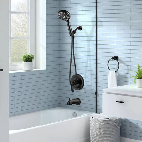 Sleek Matte Black Shower Faucet Set With Tub Spout And Valve in modern bathroom with black shower head and handheld