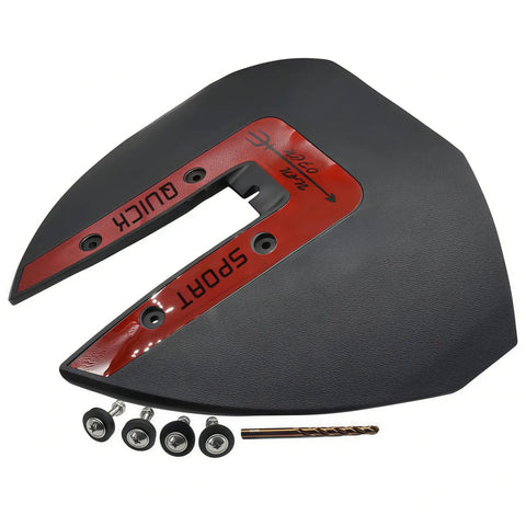 Black and red Whale Tail Hydrofoil Stabilizer for Outboards and Sterndrives, fits 40 to 300 HP, with mounting screws and drill bit.