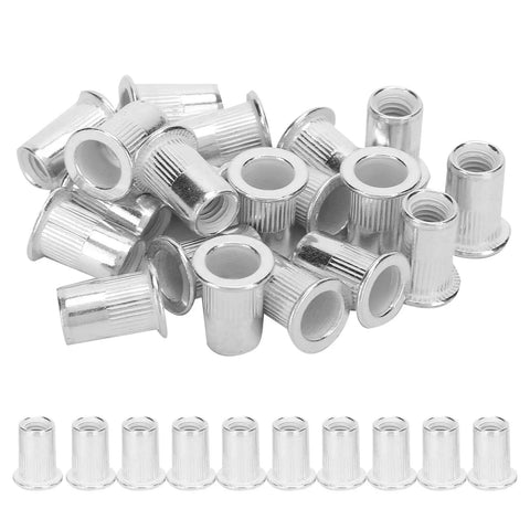 200 Pc M6 Aluminum Rivet Nuts Pack Zinc Plated Hex Body Fasteners For Slick Self Clinching Attachments On Sheet Metal And Hardcore Diy Builds That Lock Down Tight No Sweat, assorted angles on a white background.