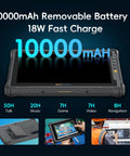 Hardened 10.1 Inch Rugged Tablet With Android 14 And 4G LTE Built Tough To Crush Any Job Site Grind IP65 Rated And MIL STD 810H Certified 8GB RAM 128GB Memory 10000mAh Battery showing removable battery and fast charge.