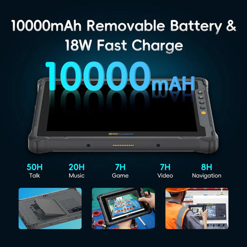 Hardened 10.1 Inch Rugged Tablet With Android 14 And 4G LTE Built Tough To Crush Any Job Site Grind IP65 Rated And MIL STD 810H Certified 8GB RAM 128GB Memory 10000mAh Battery showing removable battery and fast charge.